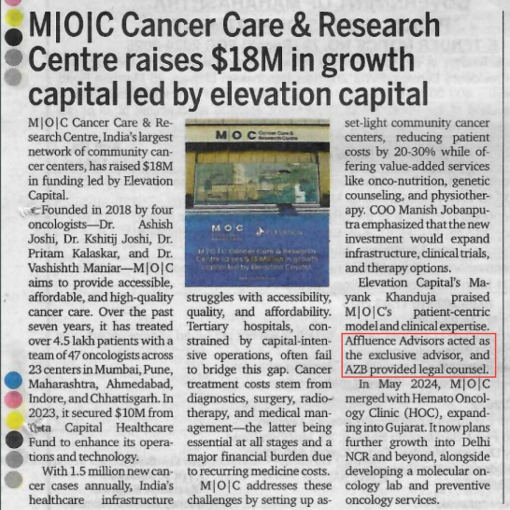 Affluence Advisory Exclusive Advisor to MOC Cancer Care $18M Funding Deal reported in The Economic Times